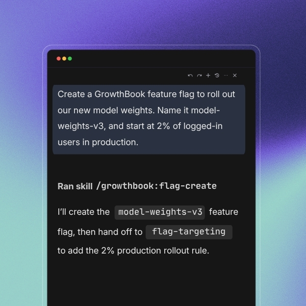 AI agent window connected to GrowthBook MCP server, showing feature flag setup prompt