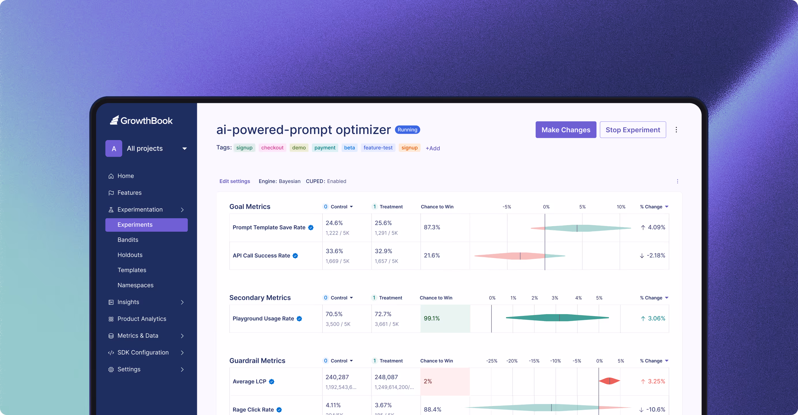 GrowthBook experiment dashboard showing goal, secondary, and guardrail metrics with control and treatment data.