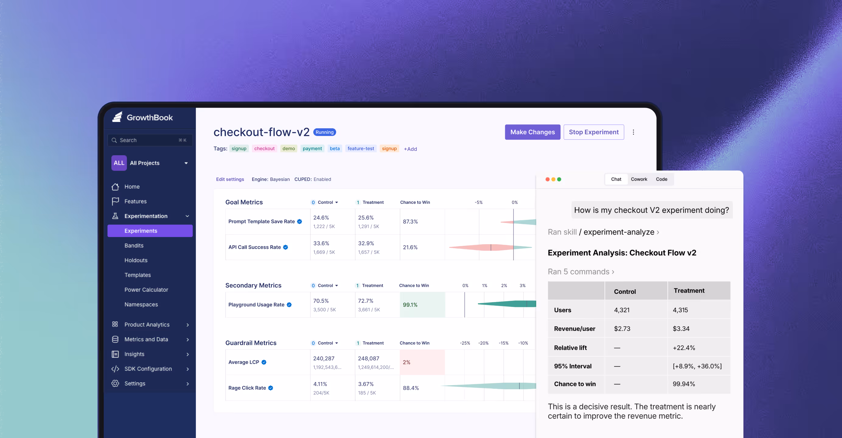 GrowthBook experiment dashboard showing goal, secondary, and guardrail metrics with control and treatment data.