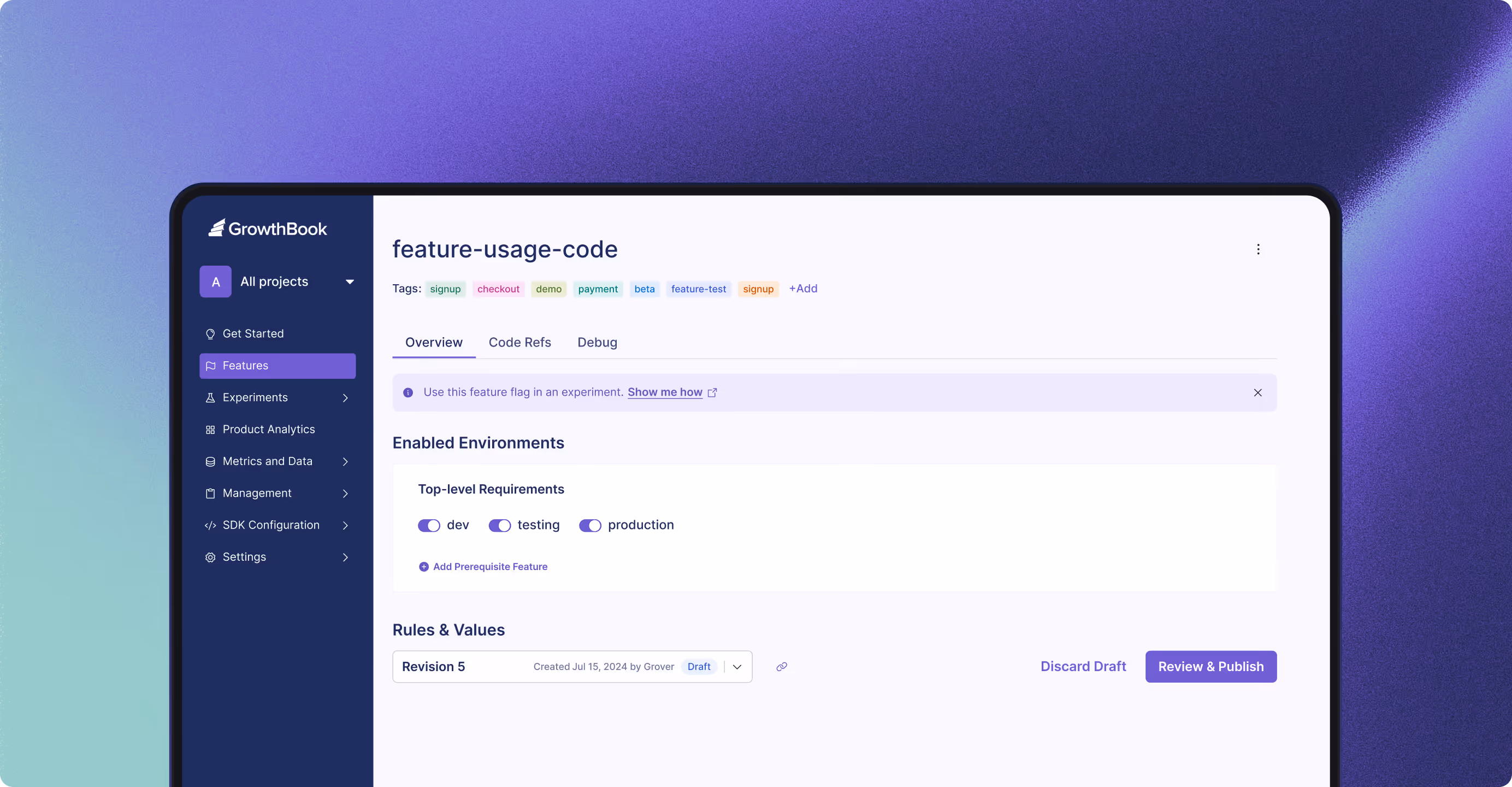 GrowthBook dashboard showing feature-usage-code with tags, enabled environments, and options to review and publish.
