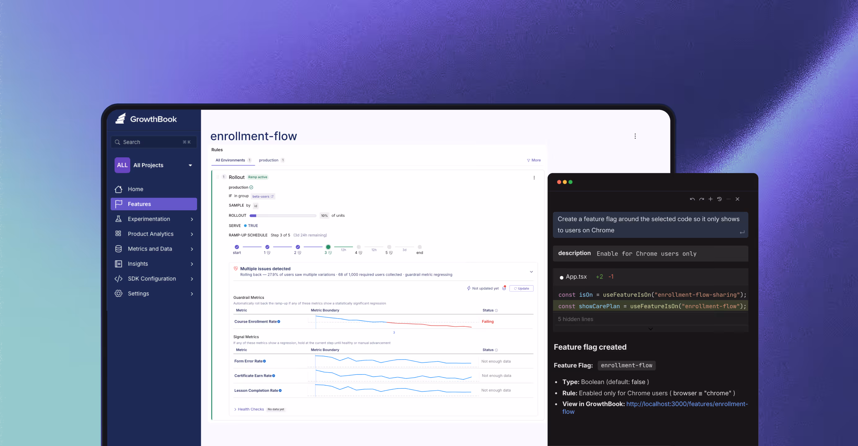 GrowthBook dashboard showing feature-usage-code with tags, enabled environments, and options to review and publish.