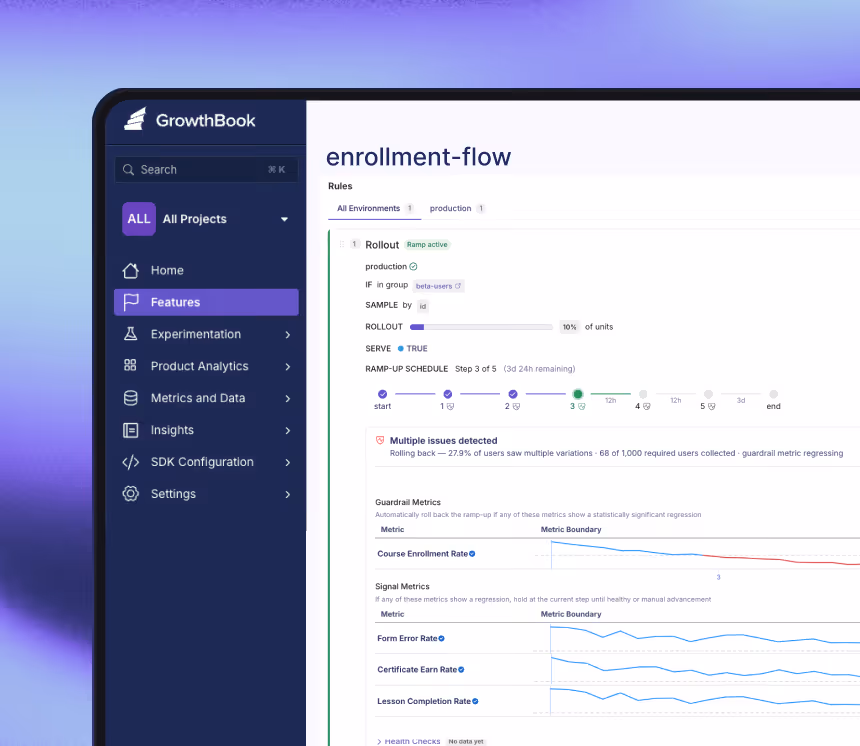 GrowthBook app showing feature-usage-code settings with enabled environments: dev, testing, production toggle switches.