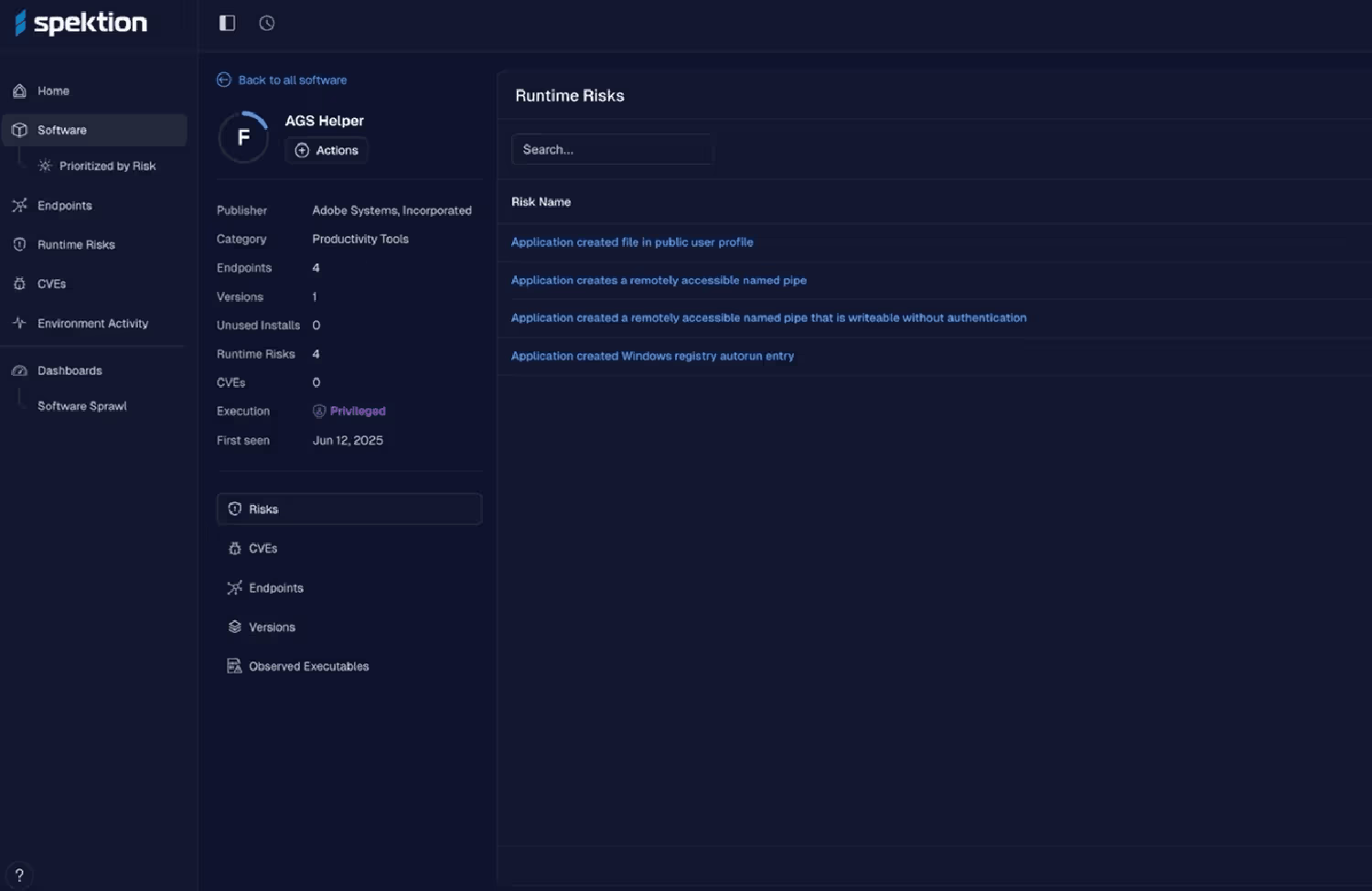 Spektion software dashboard showing runtime risks for AGS Helper by Adobe Systems, including application-created files and registry autorun entries.