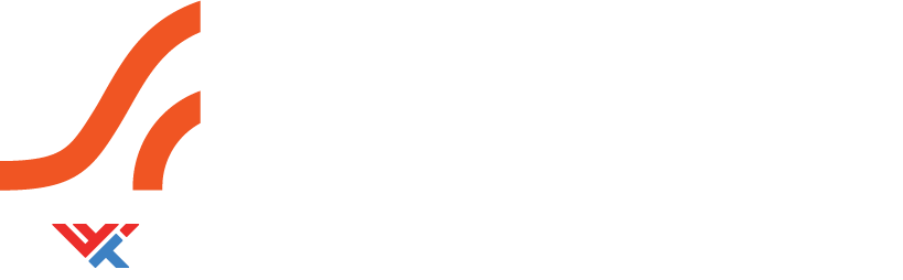 Logo featuring a blue and red abstract 'WX' design with orange curved lines above it.