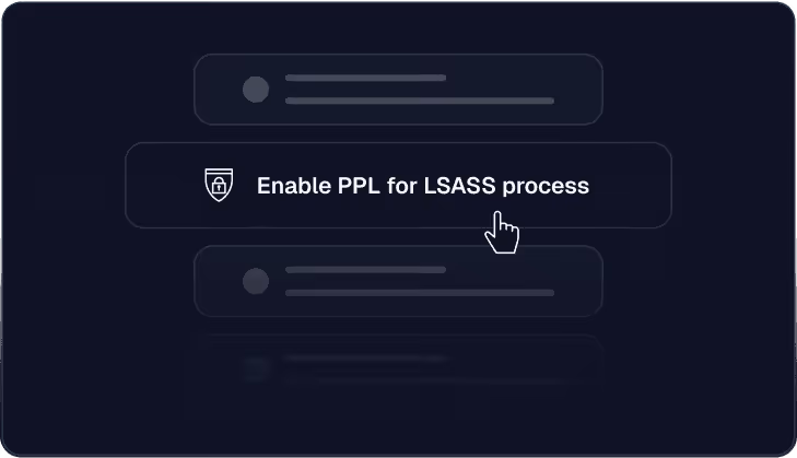 Button with a shield icon and lock symbol, labeled 'Enable PPL for LSASS process,' highlighted with a cursor pointer on dark background.