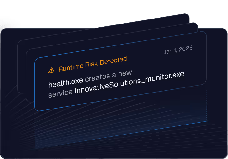 Notification displaying a runtime risk detected warning stating health.exe creates a new service named InnovativeSolutions_monitor.exe dated Jan 1, 2025.
