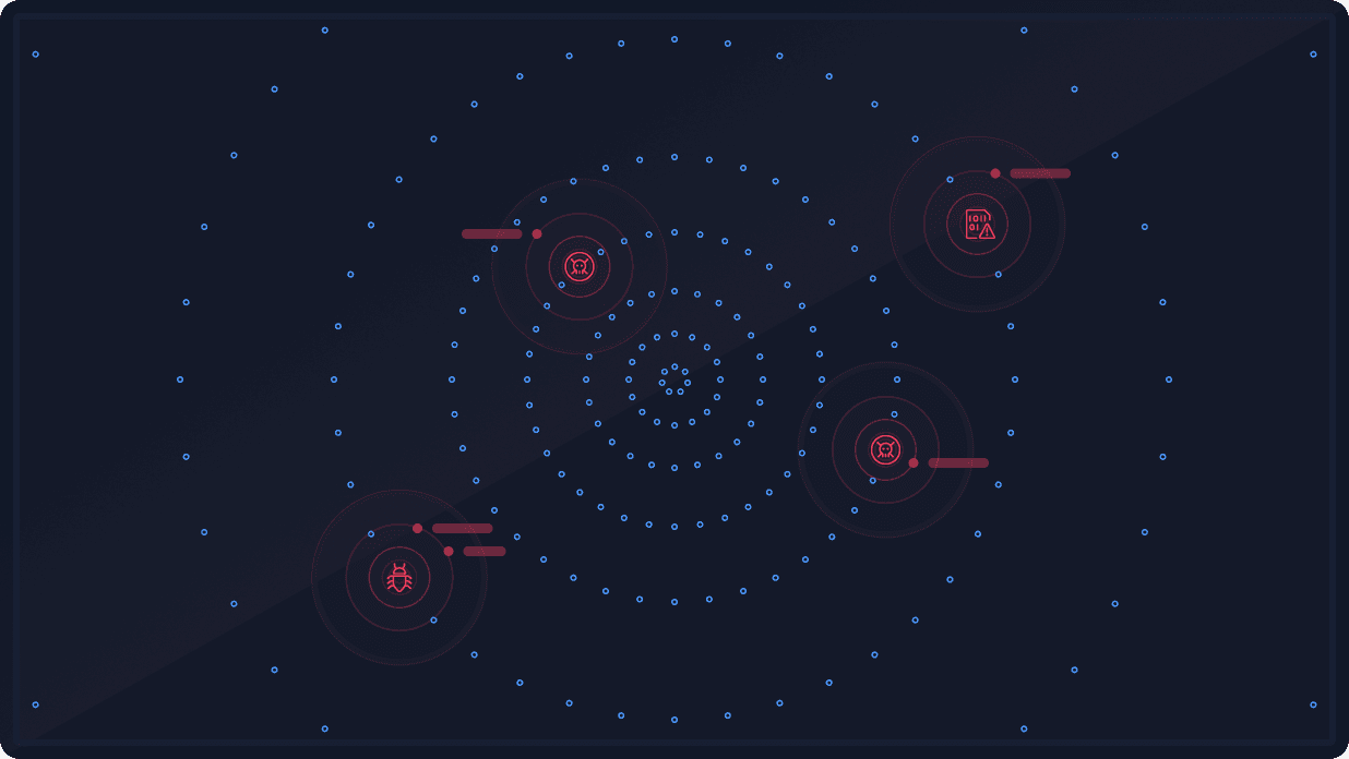 Digital interface showing a dark spiral pattern with blue dots and red icons representing malware and suspicious files.