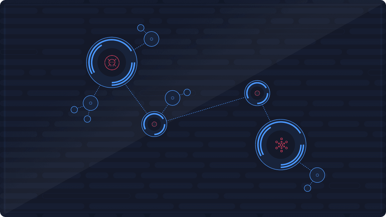 Abstract digital network with interconnected glowing blue and red circular nodes on a dark background.