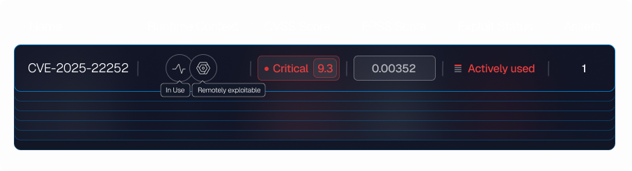 Table row showing vulnerability CVE-2025-22252 with runtime context In Use and Remotely exploitable, CVSS score Critical 9.3, EPSS score 0.00352, exploit status Actively used, and 1 asset affected.