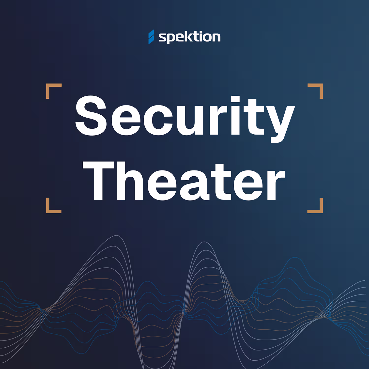 "Security Theater" text in bold white letters on a dark blue background with stylized wavy lines at the bottom and the Spektion logo above.
