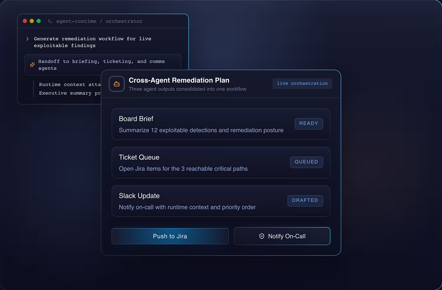 User interface showing a cross-agent remediation plan with tasks for board brief, ticket queue, and Slack update, including options to push to Jira or notify on-call.