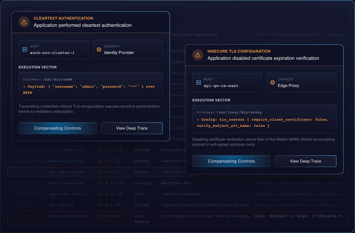 Two warning alerts in a software interface: one shows cleartext authentication with username and password sent over HTTP, the other shows insecure TLS configuration disabling certificate expiration verification.