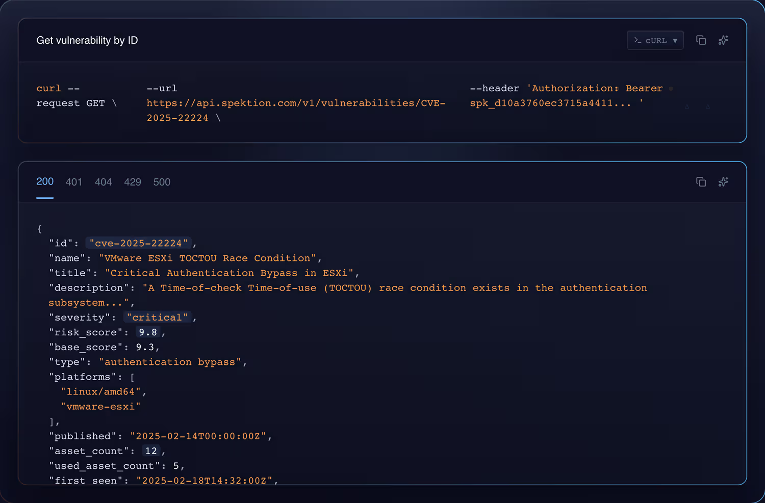 API call using curl to get vulnerability by ID with response JSON showing critical VMware ESXi TOCTOU race condition vulnerability details.