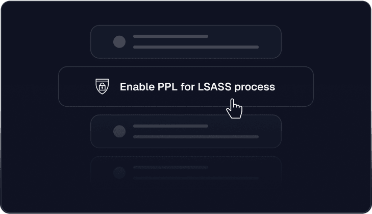 Cursor hovering over a button labeled 'Enable PPL for LSASS process' with a shield and lock icon on a dark interface background.
