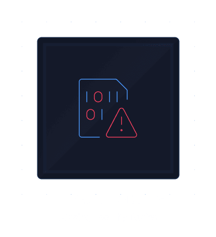 Icon of a digital document with binary code and a red warning triangle representing missing security basics labeled 'NO SECURE DEFAULTS'.