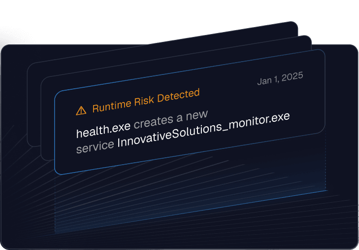 Alert notification showing 'Runtime Risk Detected' that health.exe creates a new service InnovativeSolutions_monitor.exe, dated Jan 1, 2025.