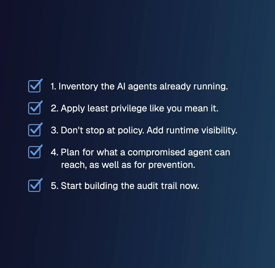 Multi-agent security checklist with five checked items: inventory, least privilege, runtime visibility, what a compromised agent can reach, audit trail.