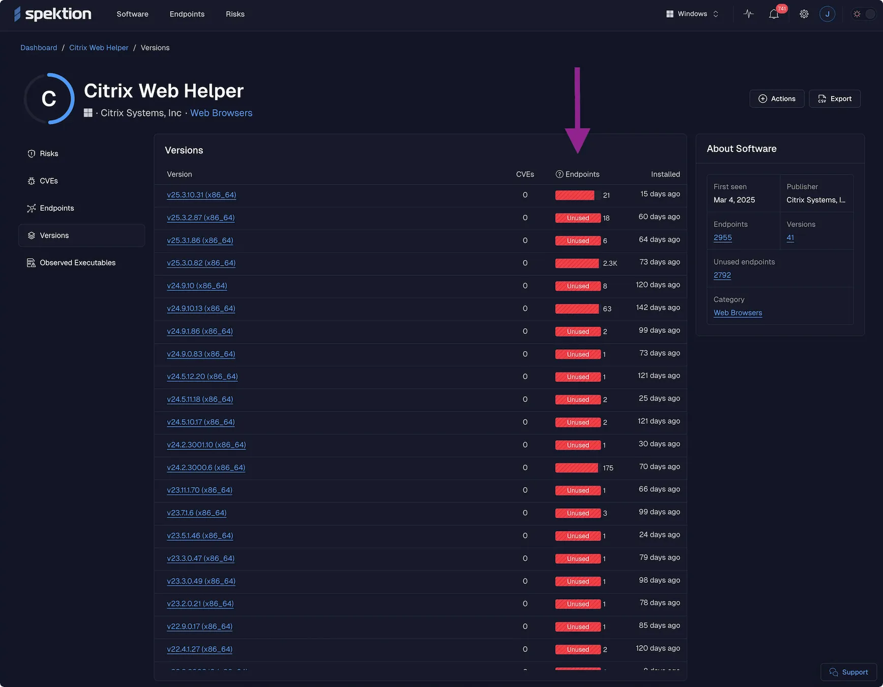 Example of Spektion dashboard showing unused software