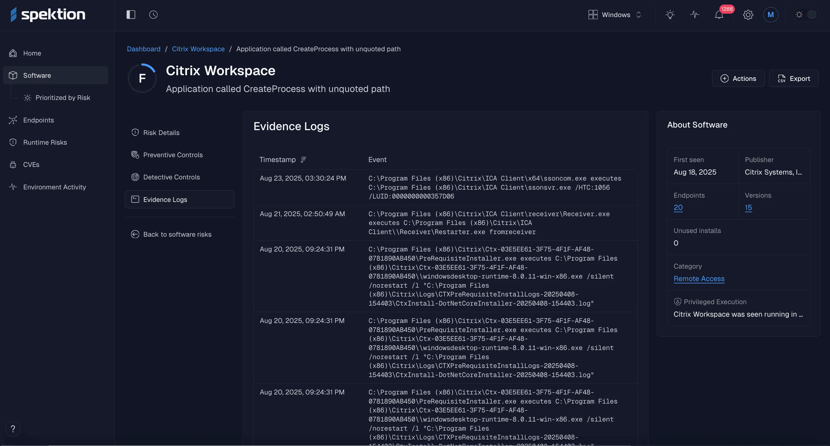 Spektion dashboard showing third-party risk evidence