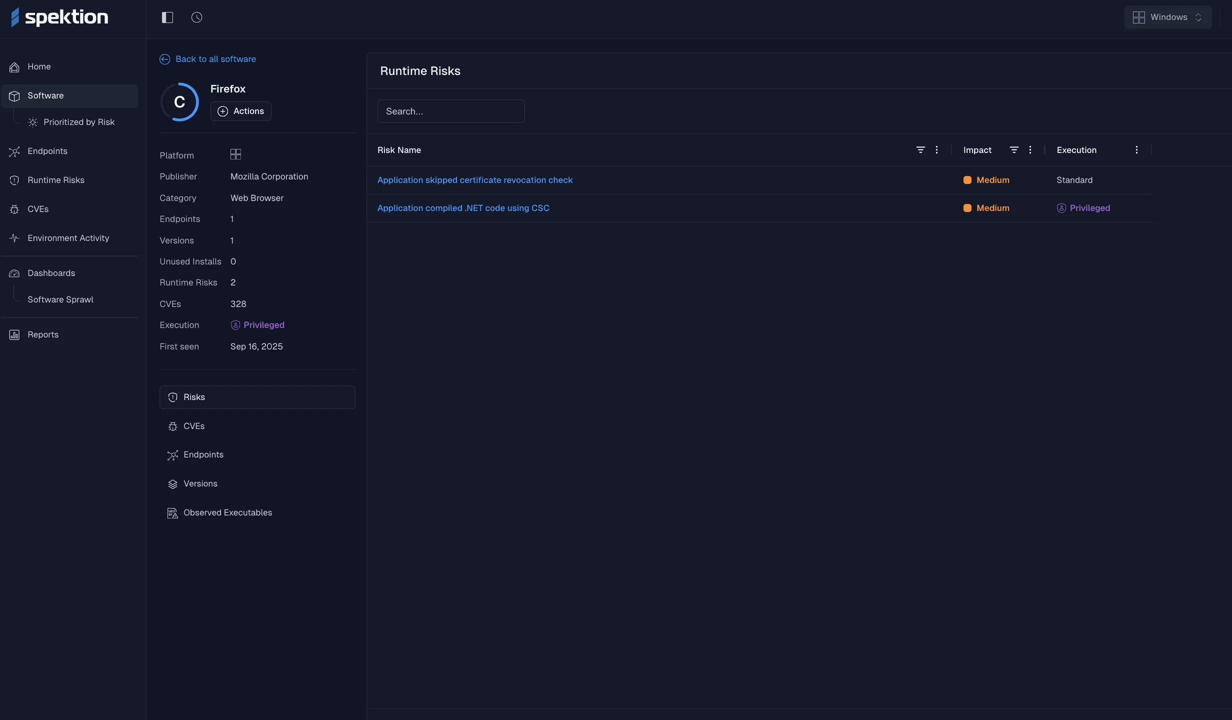 Third-party risk at runtime by software with risk score and associated risk types