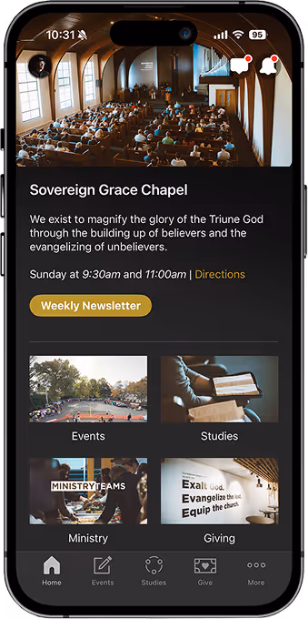 iPhone with the Sovereign Grace Chapel app opened.