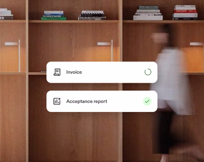 Two white progress bars labeled Invoice with loading icon and Acceptance report with checkmark on wooden shelves background.
