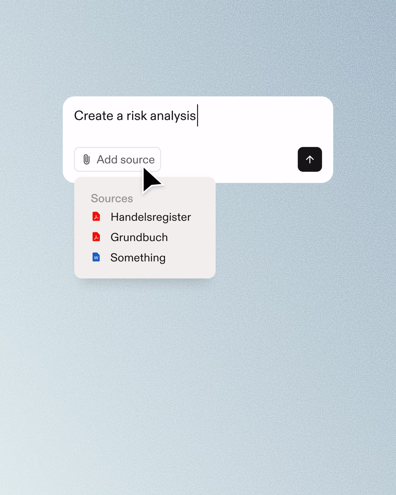 Text box with 'Create a risk analysis' and dropdown with PDF and Word sources to add to the text.