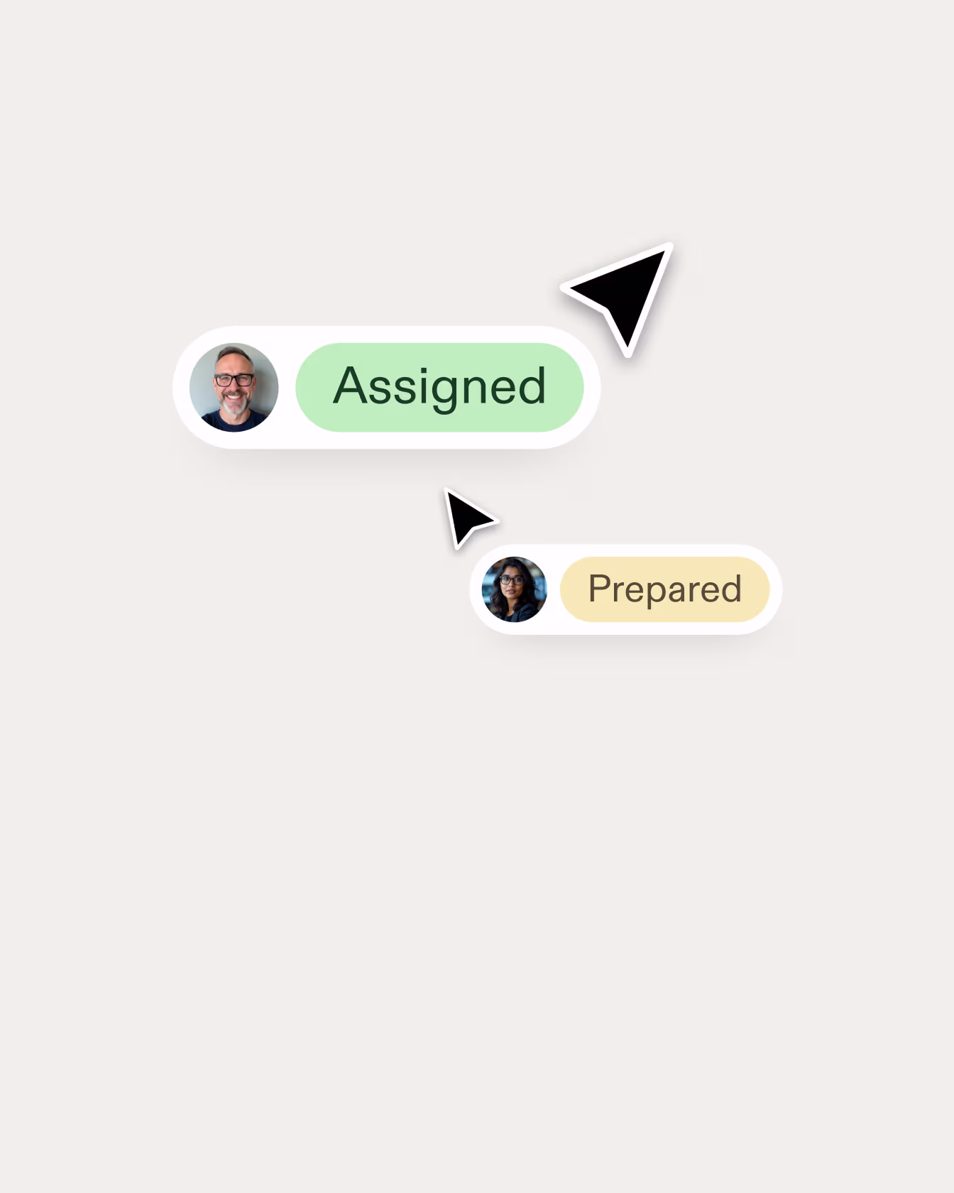 Chat bubbles with profile photos showing task statuses: Assigned in green, Prepared in yellow, with two cursor icons.