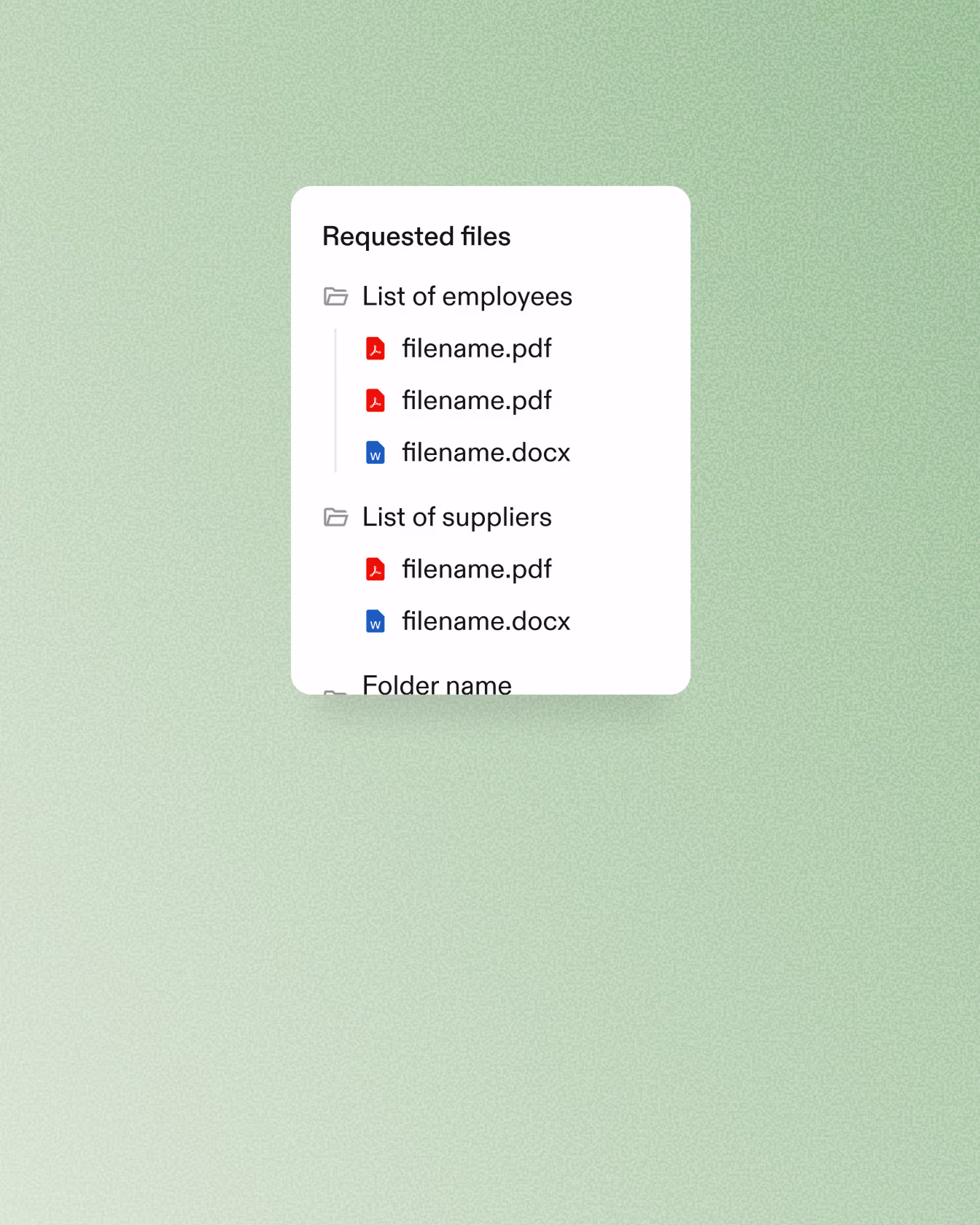Window listing requested files with folders for employee and supplier PDFs and DOCX documents.