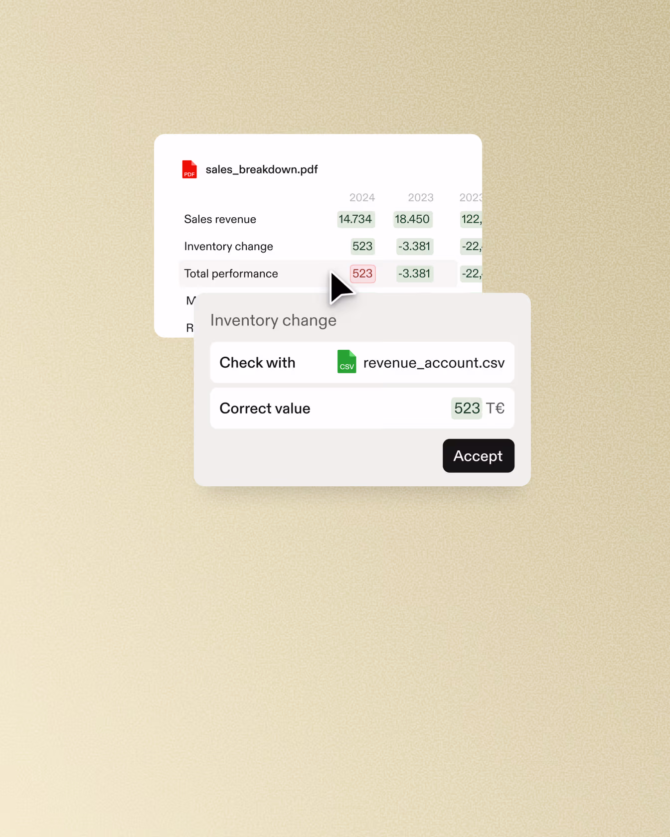 Interface showing sales data with a correction prompt for inventory change and Accept button.