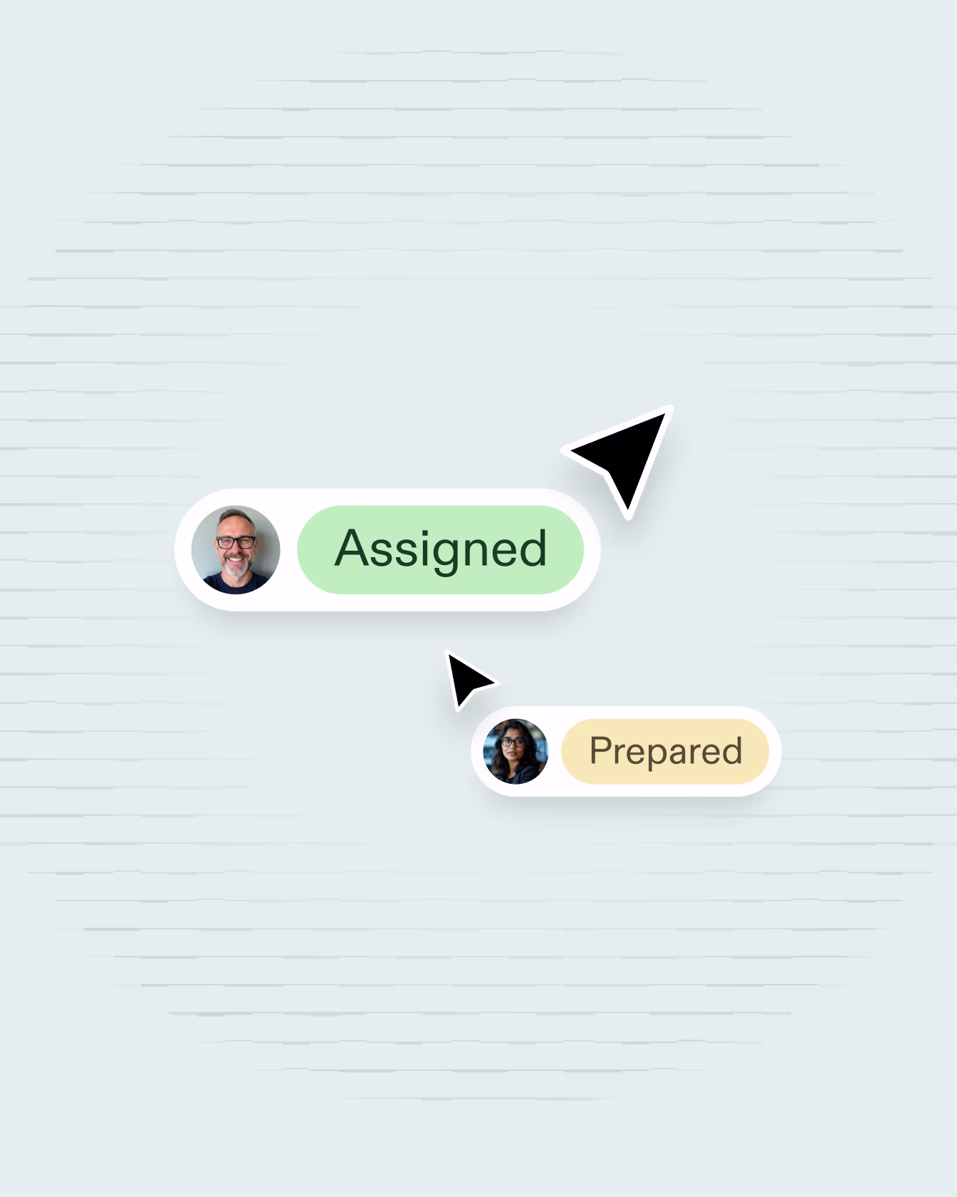 Two pointers pointing at messages labeled Assigned and Prepared with user avatars on a light background.