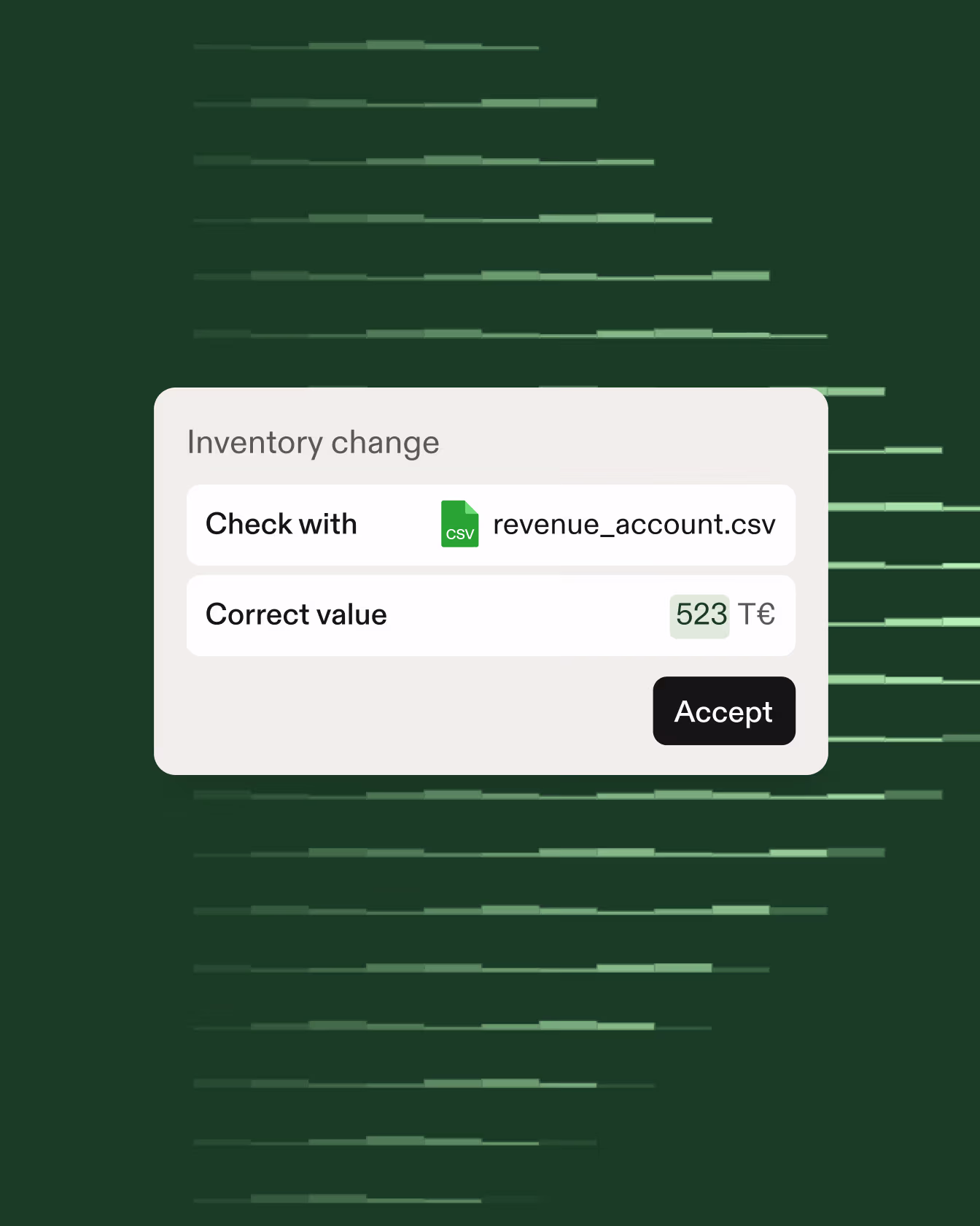 Inventory change dialog showing CSV file check and correct value entry of 523 T€ with accept button.