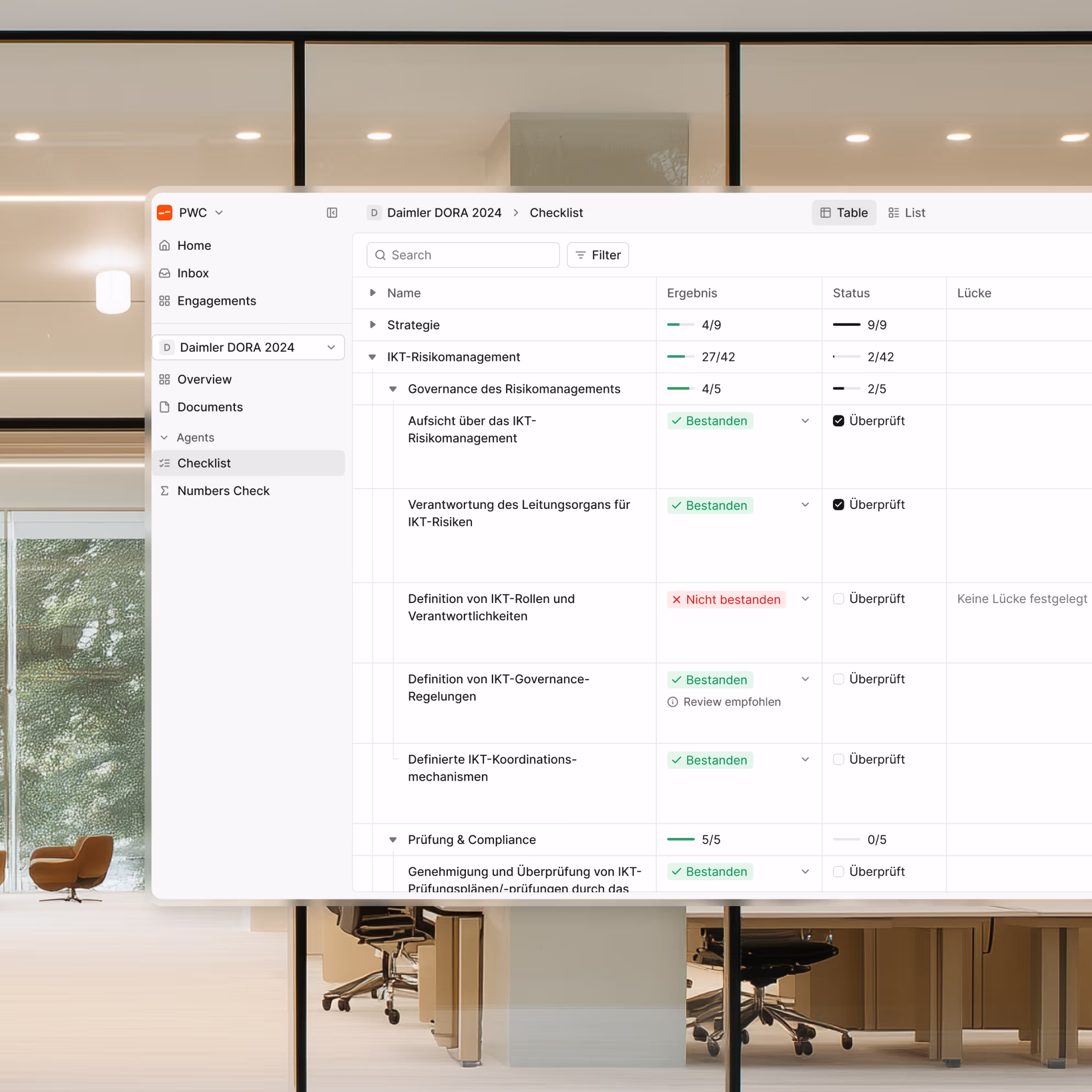 Software interface showing a checklist for Daimler DORA 2024 IT risk management and compliance tasks.