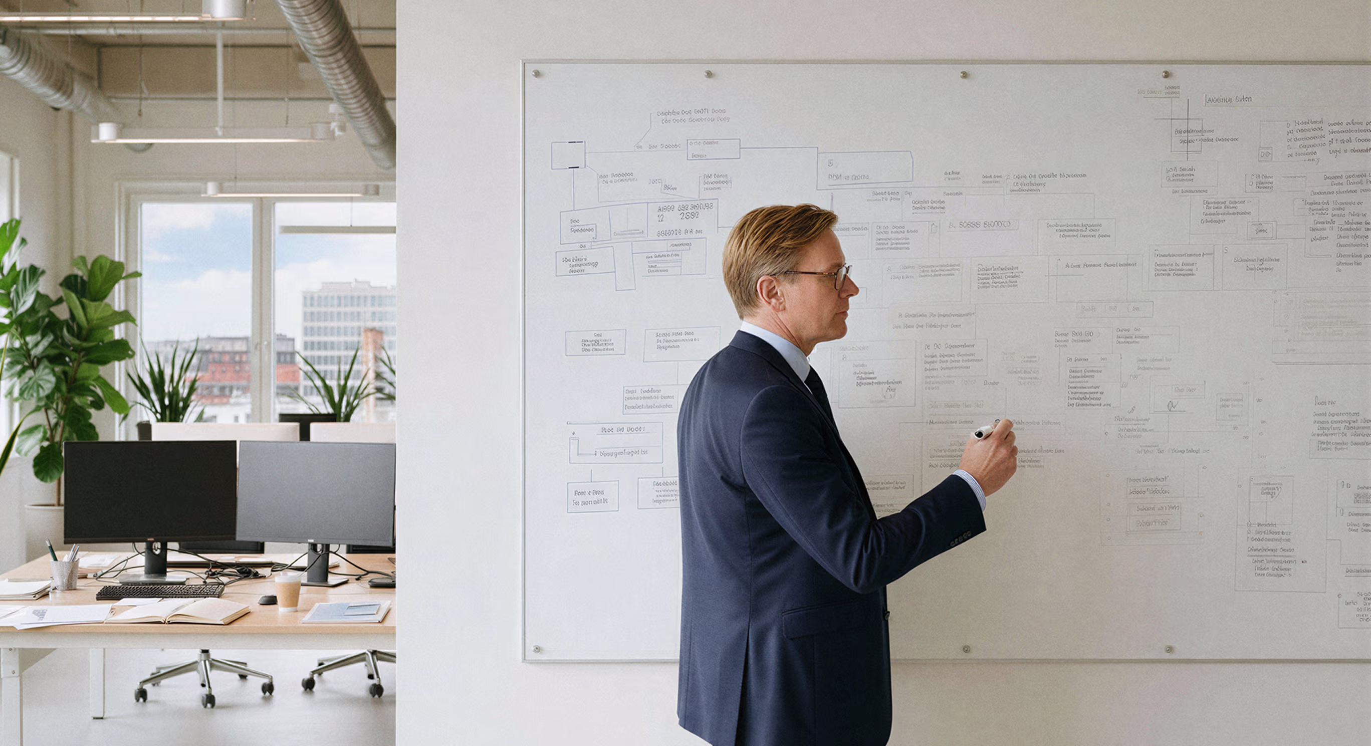 Man in suit writing on a large whiteboard filled with diagrams in a bright modern office.