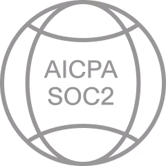 Circular badge with text certifying compliance and encryption with security standards.