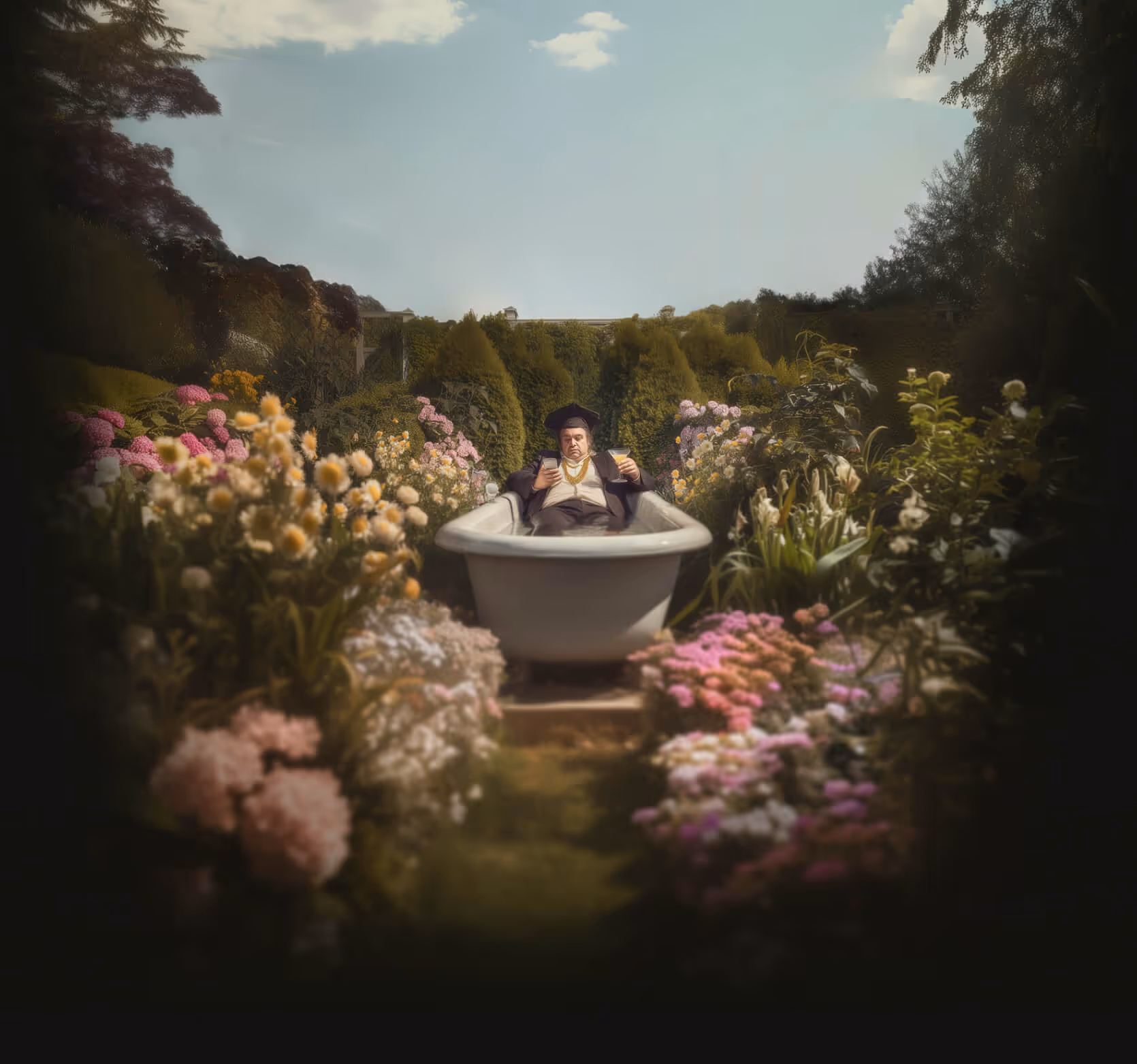 Smart Bets: A man sitting in a tub in a garden, looking at phone.