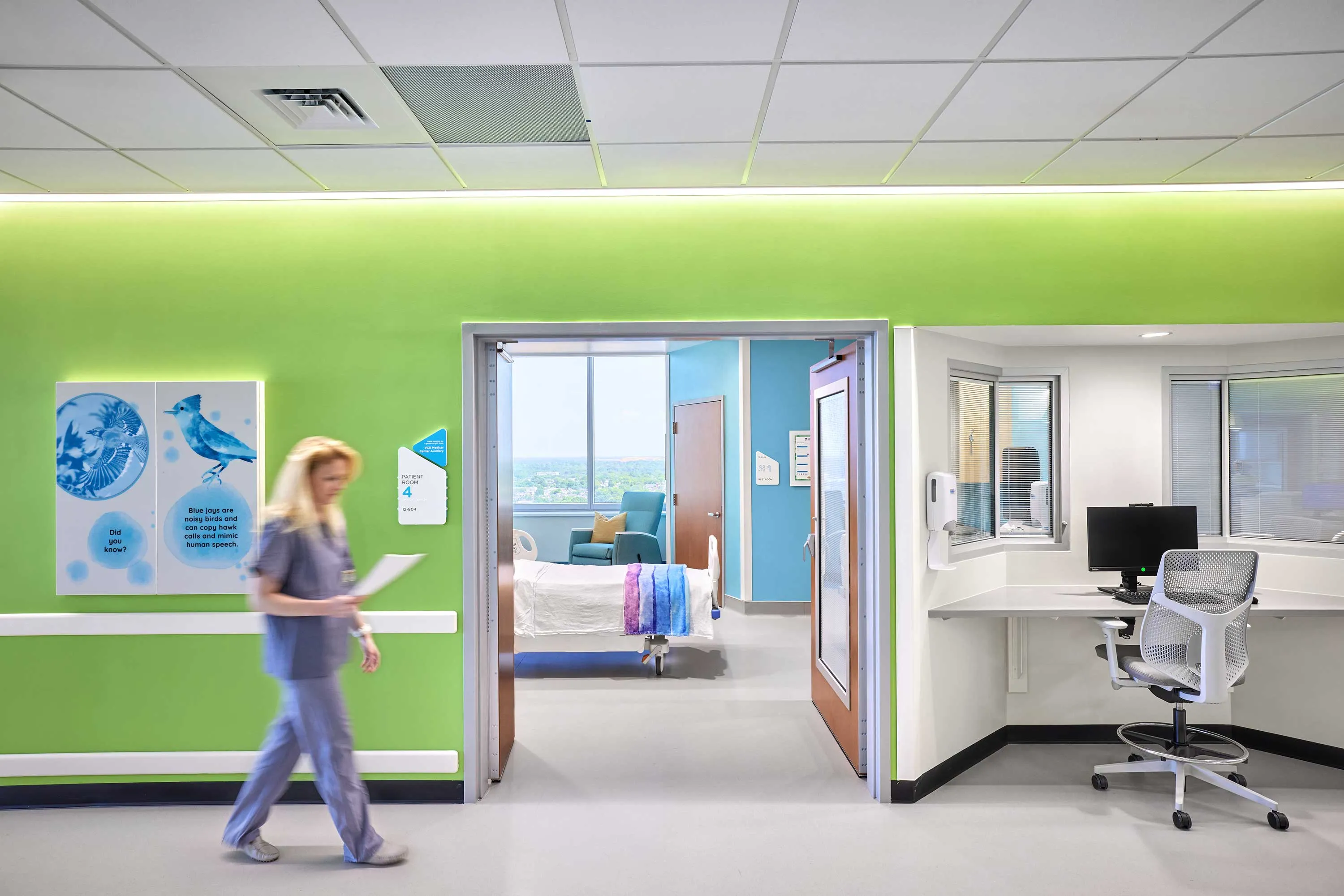 Colorful corridor wayfinding design, Wonder Tower VCU Health Children's Hospital Richmond