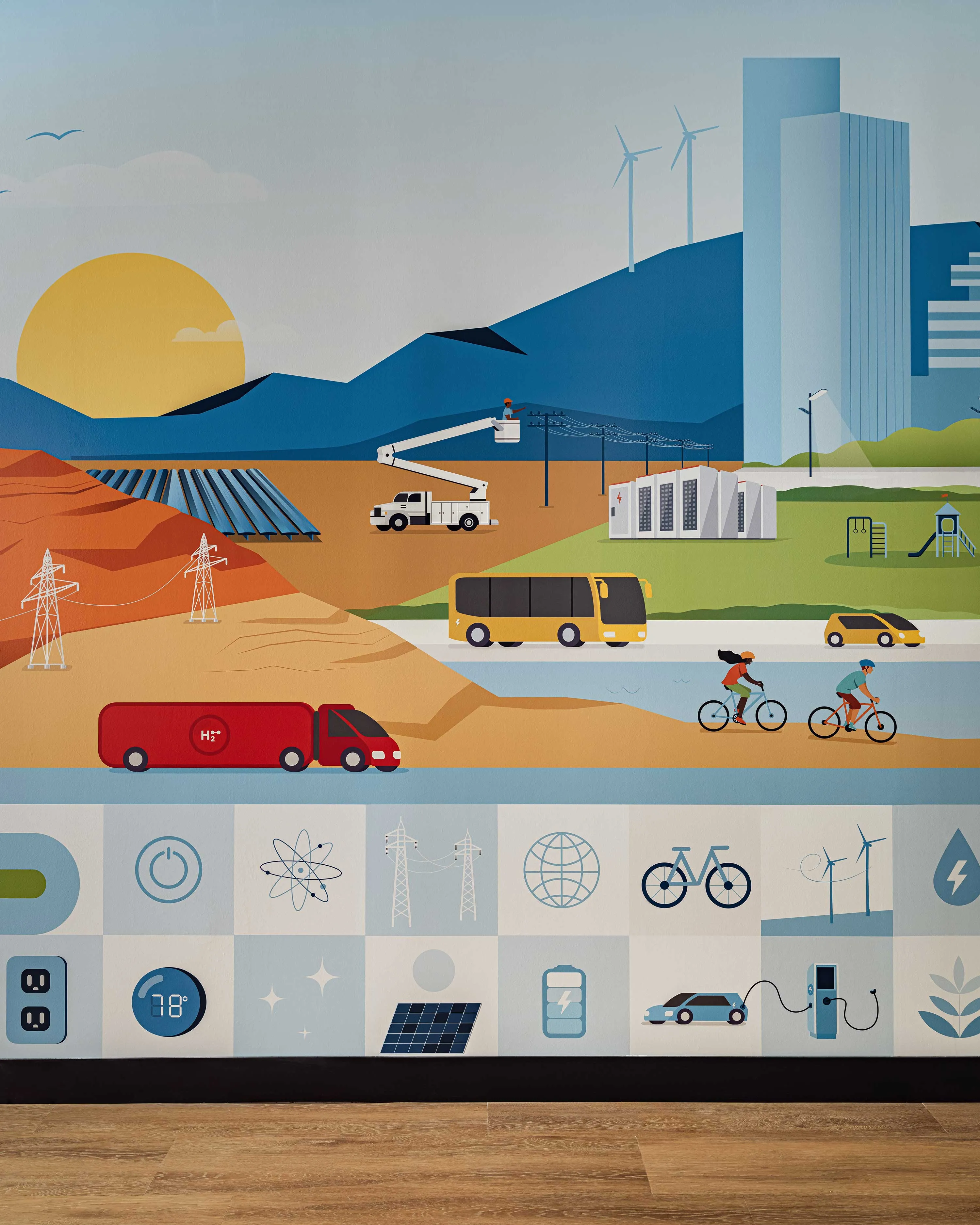 Experiential graphics mural at APS Deer Valley Campus depicting Arizona's energy ecosystem, PhoenixWorkplace graphics installation at Arizona Public Service Deer Valley Campus, designed by Liz Taylor Creative
