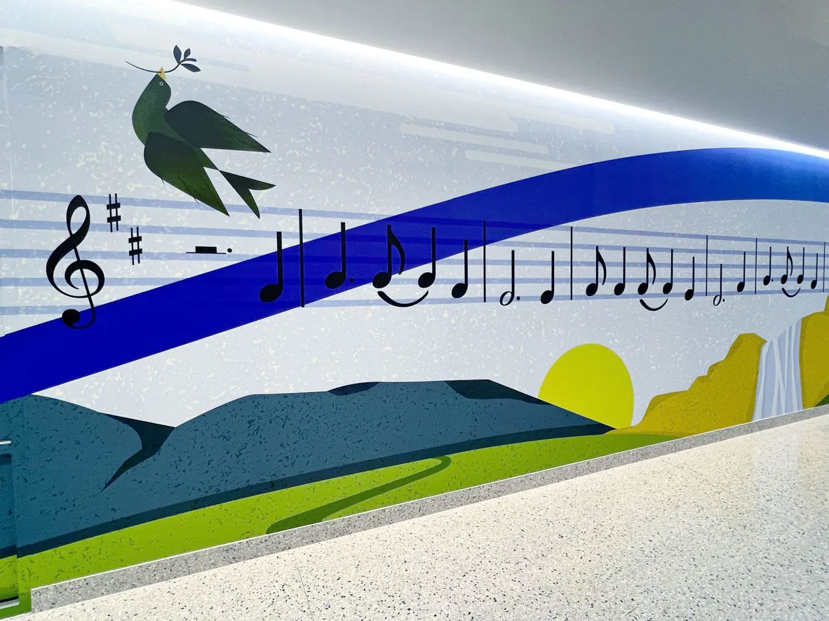 Poets mural installation detail, American Express Desert Ridge Campus experiential design