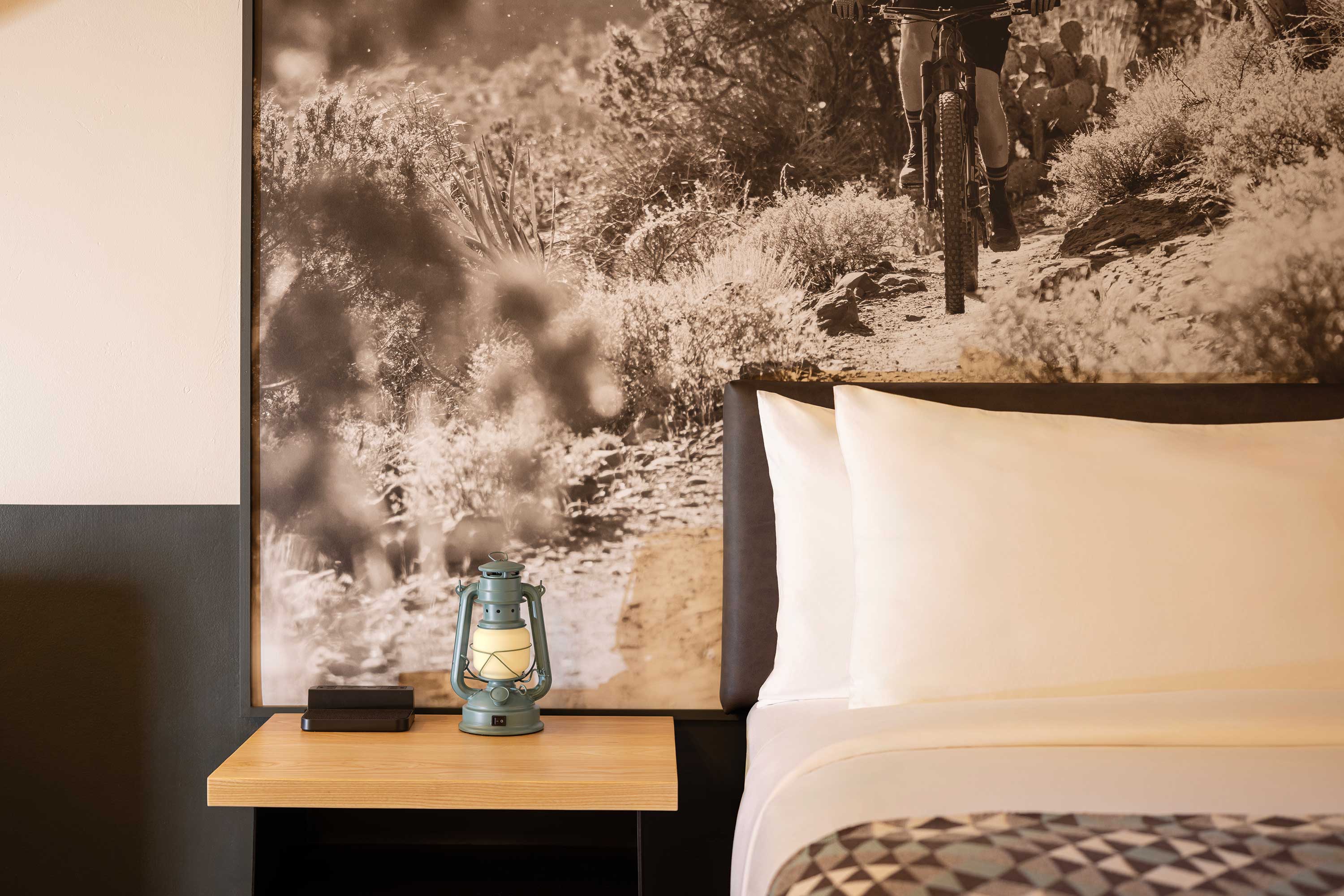 Geographic trail map wallcovering, Mountain Modern Motel Sedona, experiential design by Liz Taylor Creative