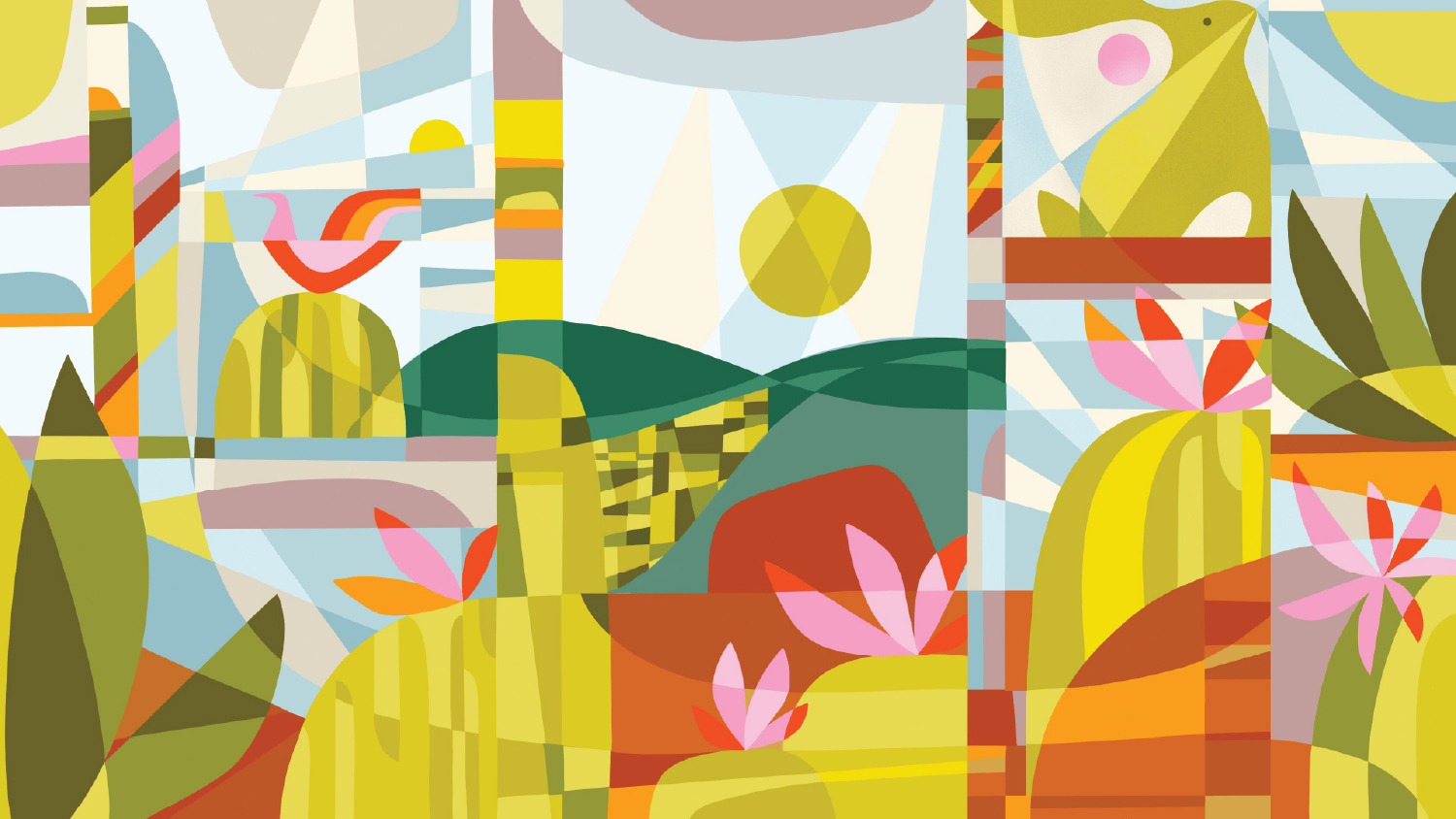 Buckeye in Bloom public art, abstracted mountain range with jackrabbit and cactus wren, Buckeye Arizona