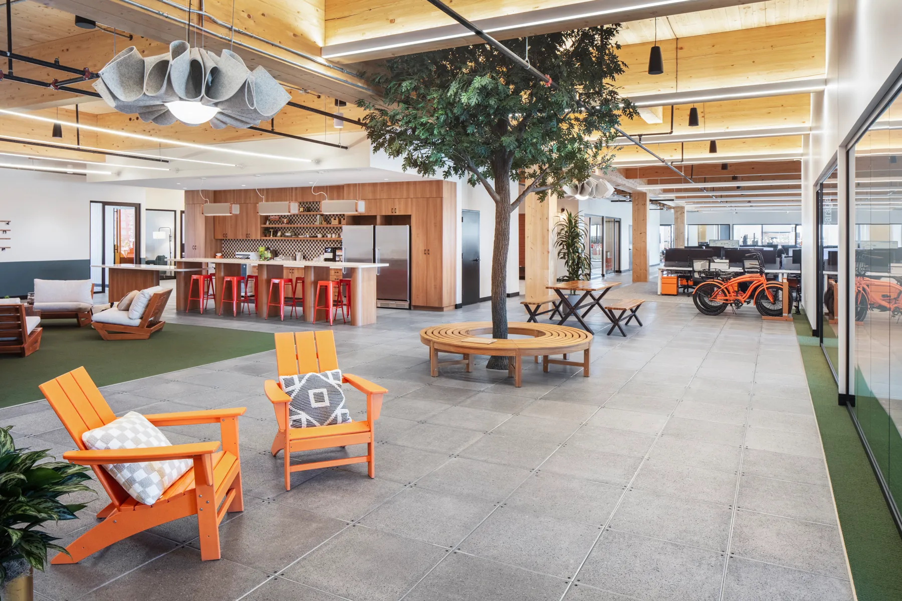 Custom toile pattern on sliding panels depicting mid-century backyard scene, Offerpad Chandler