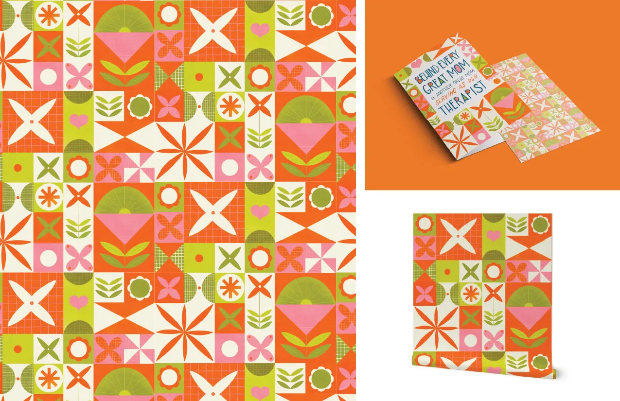 Studio surface pattern exploring botanical and narrative imagery, Liz Taylor Creative