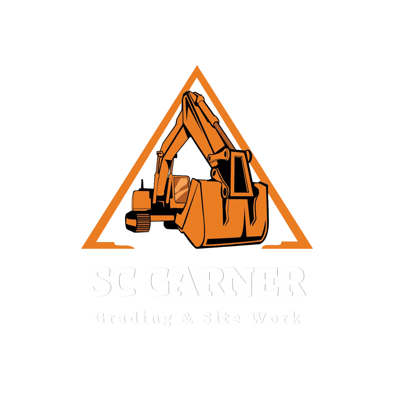 Orange excavator inside warning triangle with "Scarner grading and site work" text