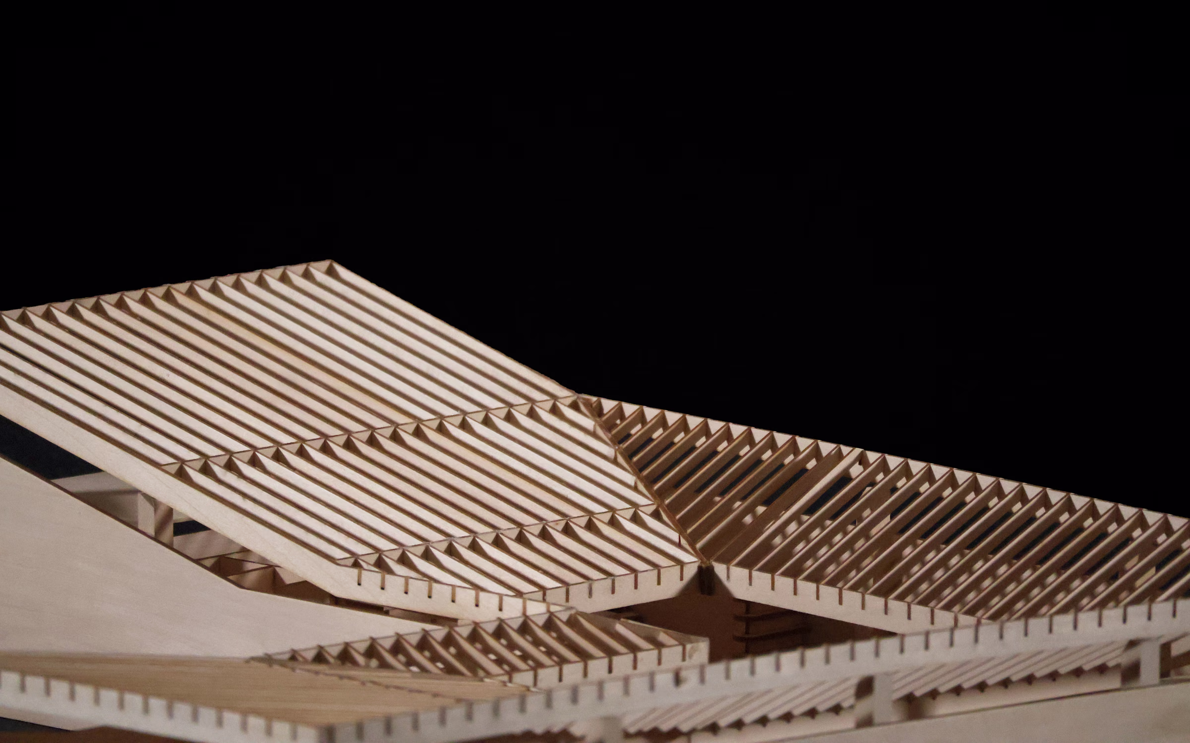 Roof detail of the Jeffries Point Courtyard Library model, showing closely spaced timber rafters.