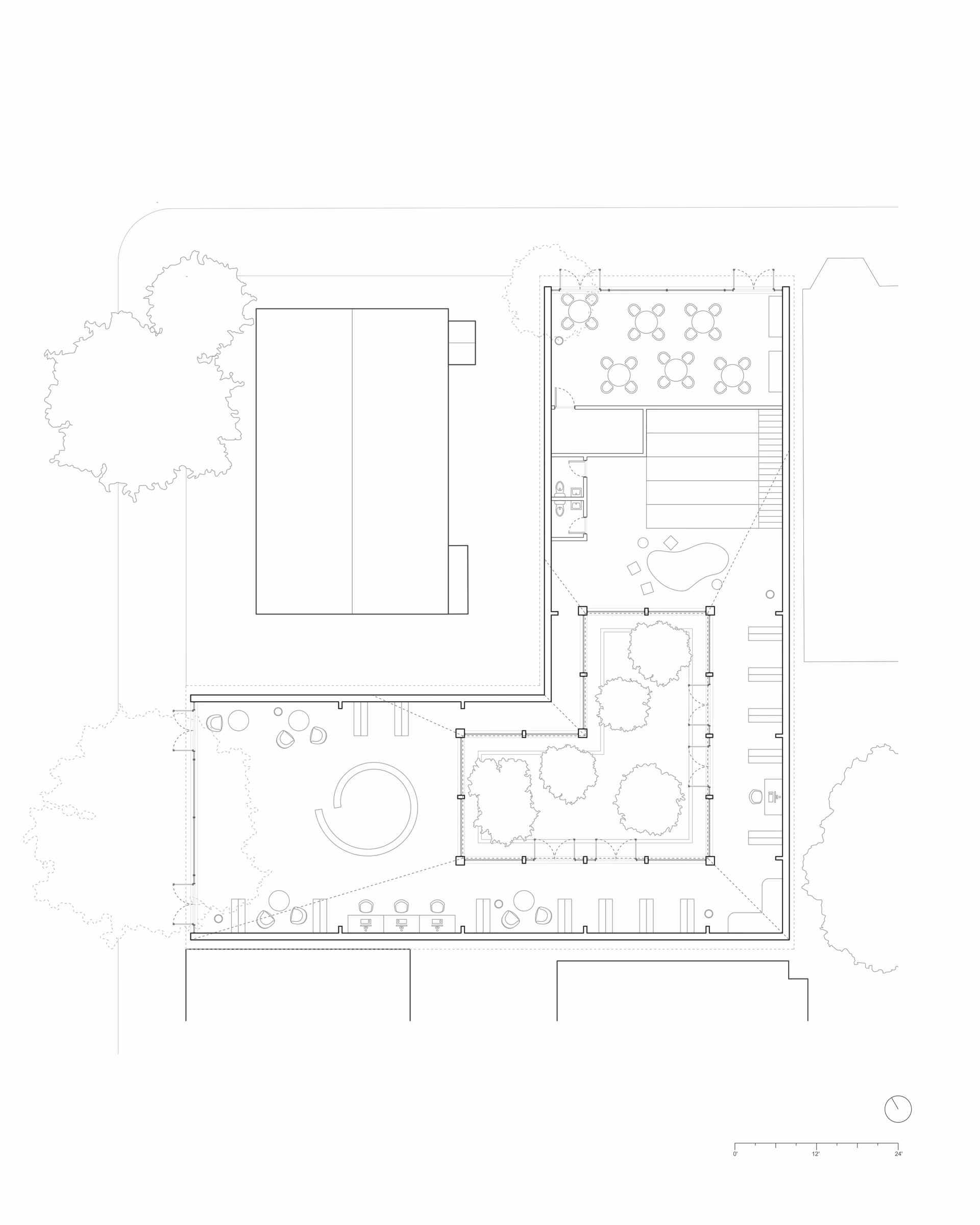 Floor plan of Jeffries Point Courtyard Library, showing an L-shaped library surrounding a courtyard.