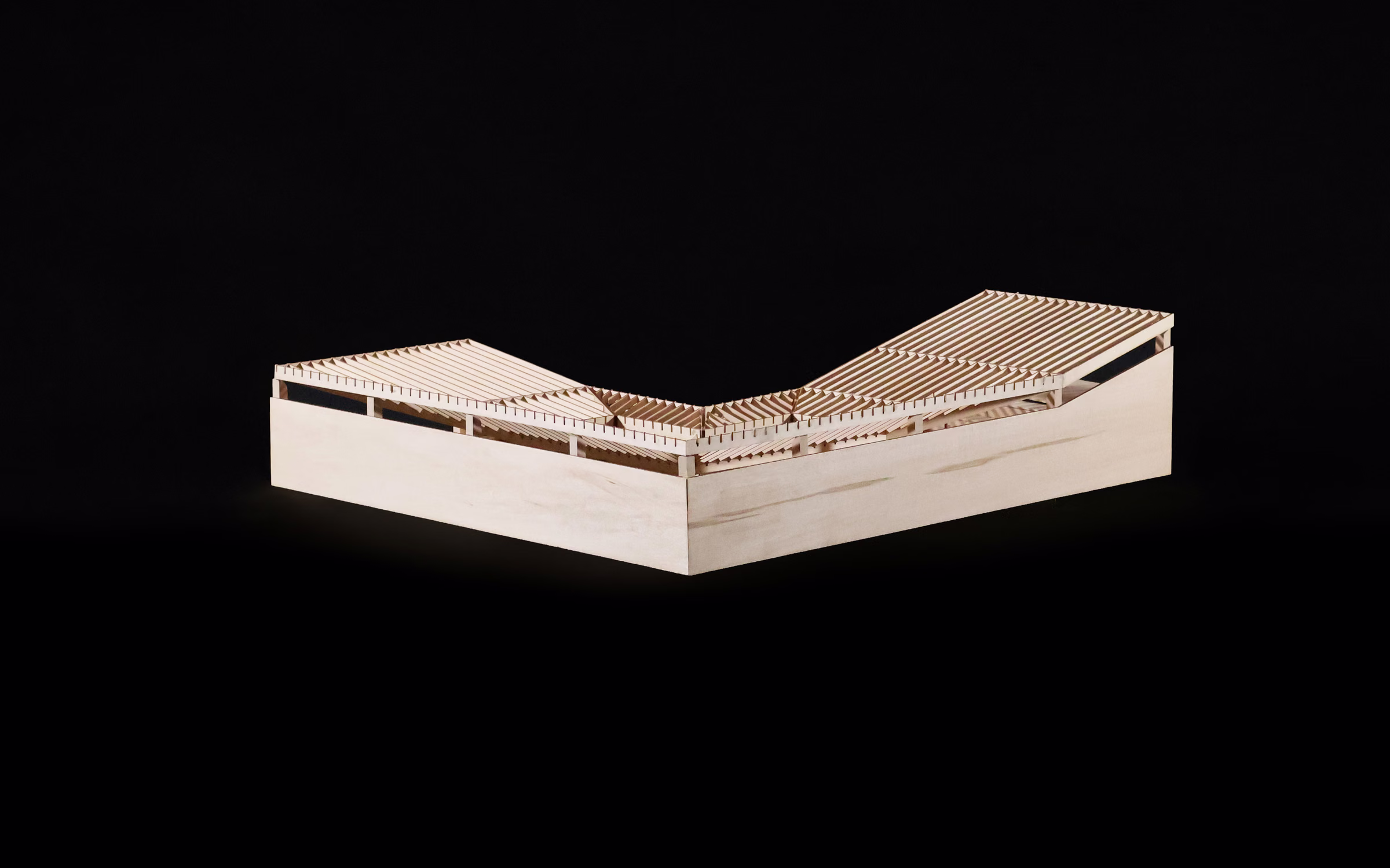 Rear perspective of the Jeffries Point Courtyard Library model, showing the low walls and sloping roofs.