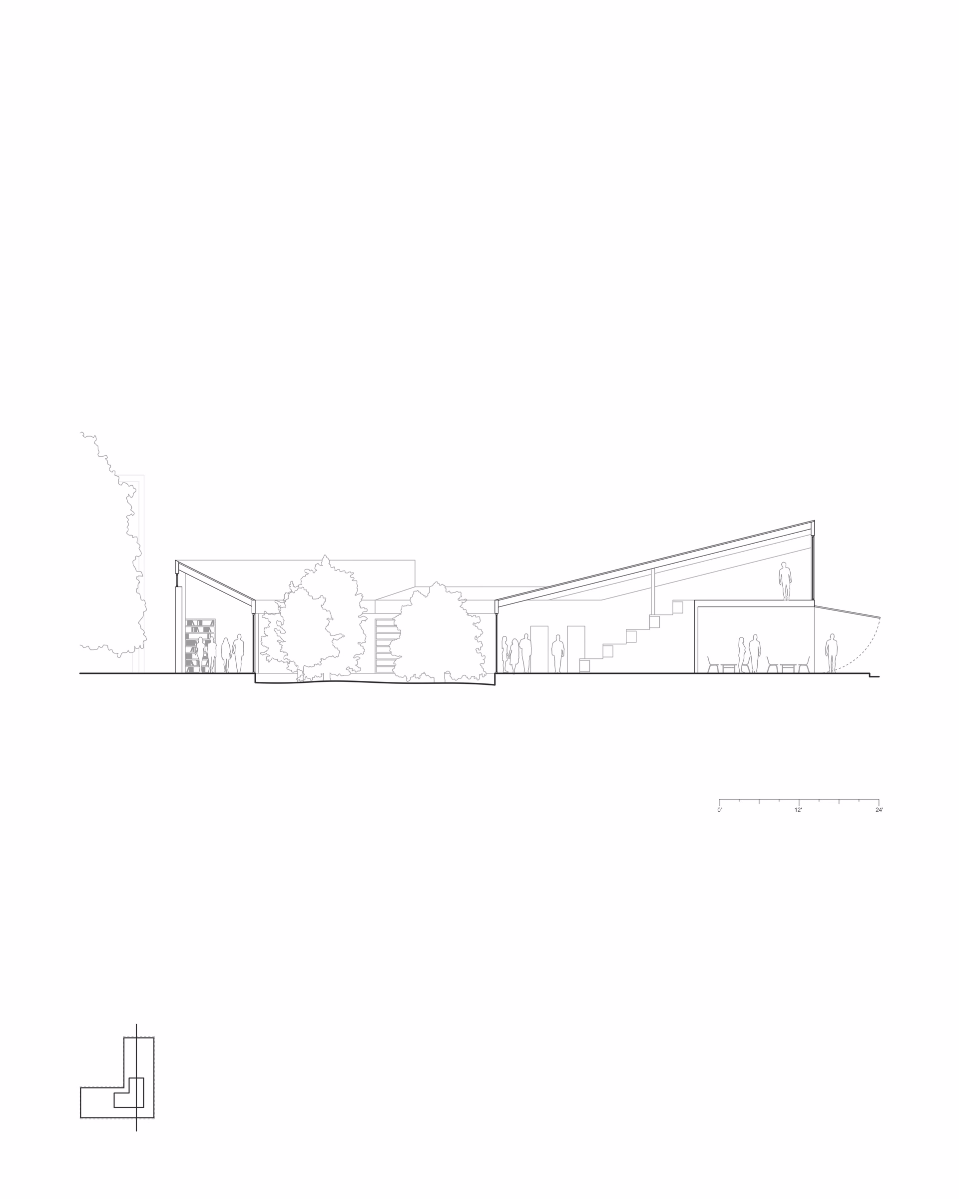 Section drawing of Jeffries Point Courtyard Library, showing roof slopes and changes in interior height.
