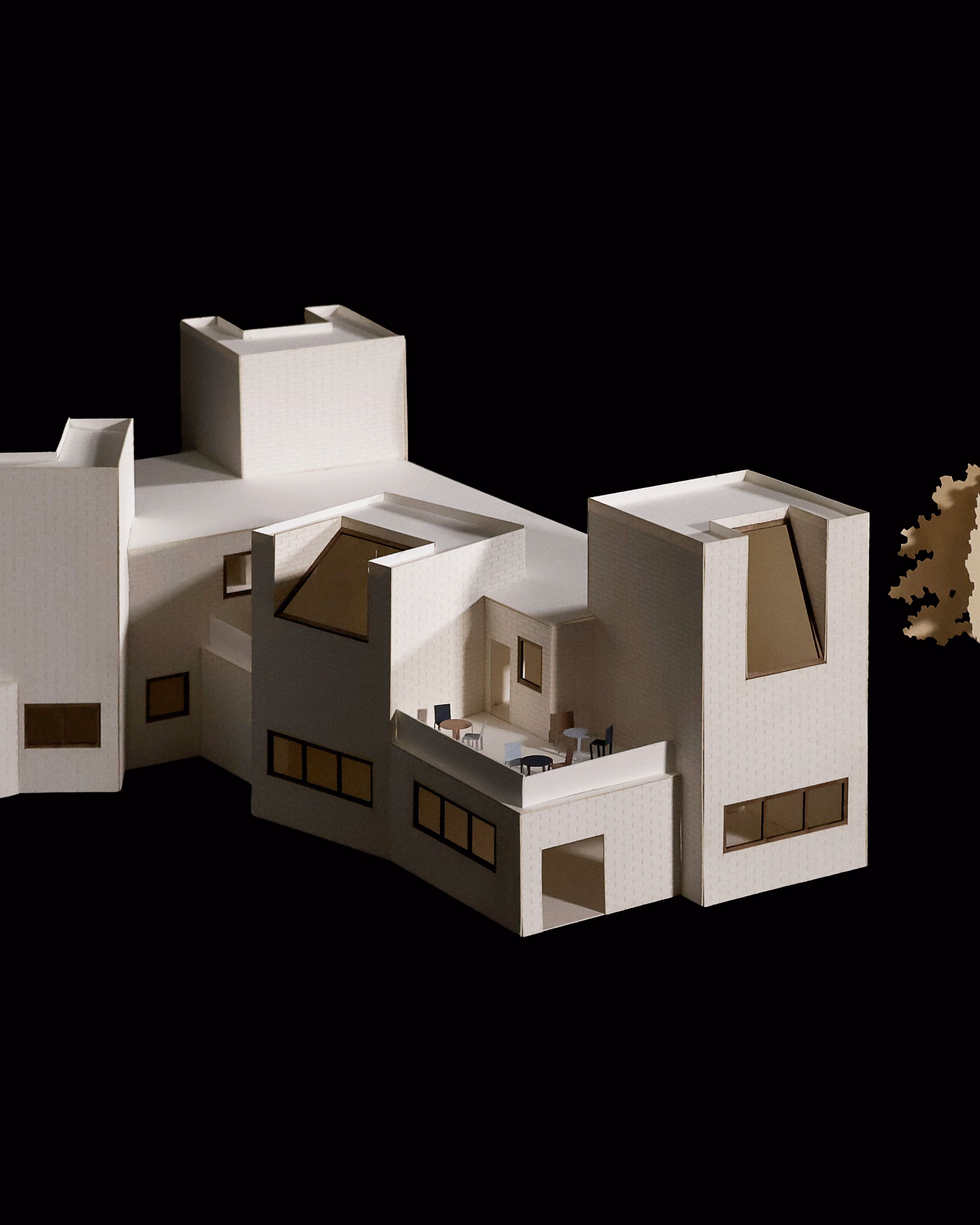 Perspective model of Skylar Kagan’s Sight Lines library, showing staggered white volumes and angled towers.