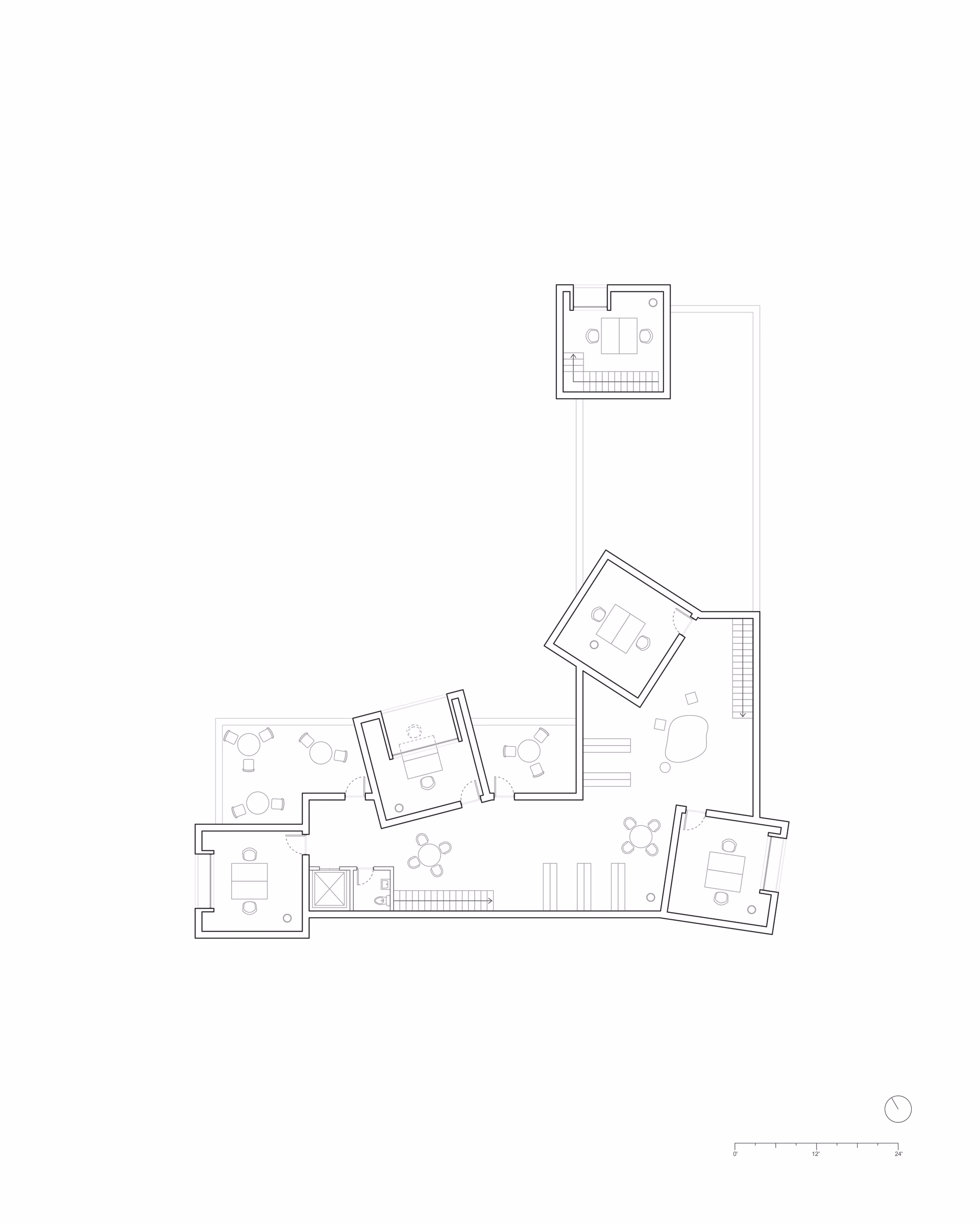 Upper-level floor plan of Sight Lines, showing the arrangement of smaller rooms and towers.